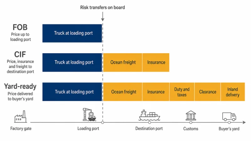 Diagrama de barras empilhadas comparando três preços de exportação, mostrando o aumento do custo desde o portão da fábrica até o pátio do comprador.