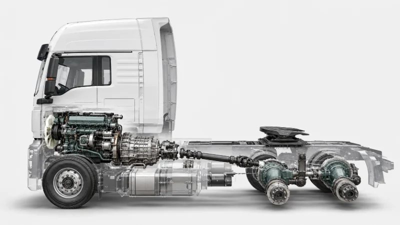 Perfil lateral de um SITRAK G7 6x4 motor principal destacando o trem de força derivado do MAN que determina seu preço
