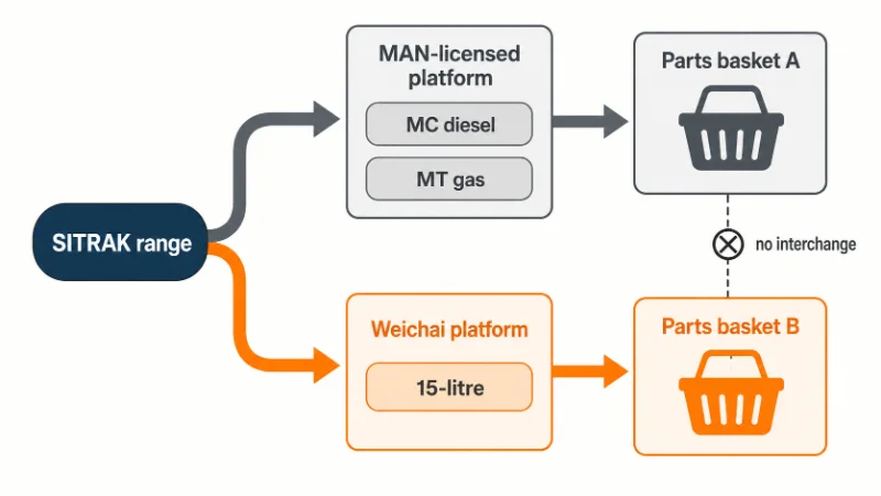 Diagrama de ramificação: O fornecimento do motor Sitrak se divide em duas linhagens, então os canais de peças também se dividem