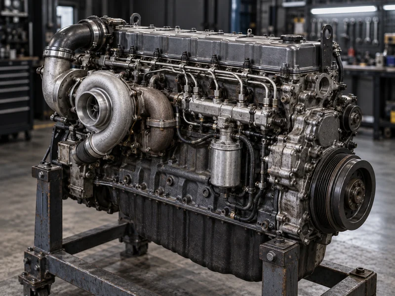 Close-up do motor diesel de seis cilindros em linha de um caminhão basculante 371 vs 420, mostrando a unidade da família WD615 por trás da disponibilidade de peças