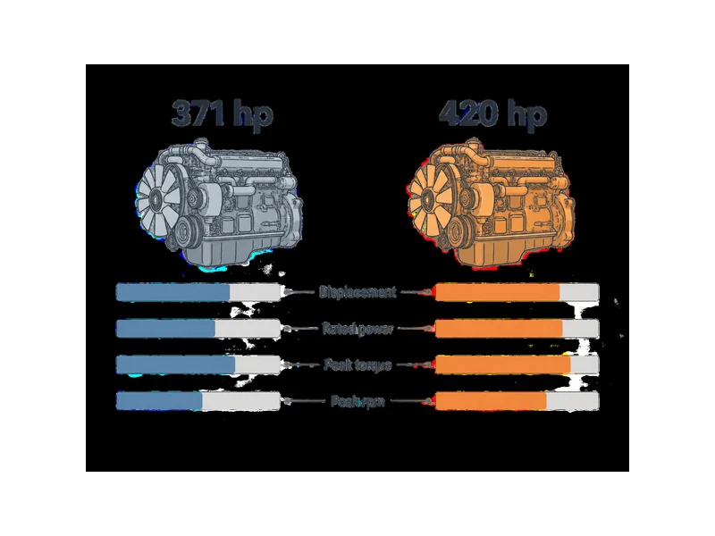 Diagrama comparativo das especificações do motor dos caminhões basculantes 371 vs 420: deslocamento, potência nominal, torque máximo e rotação