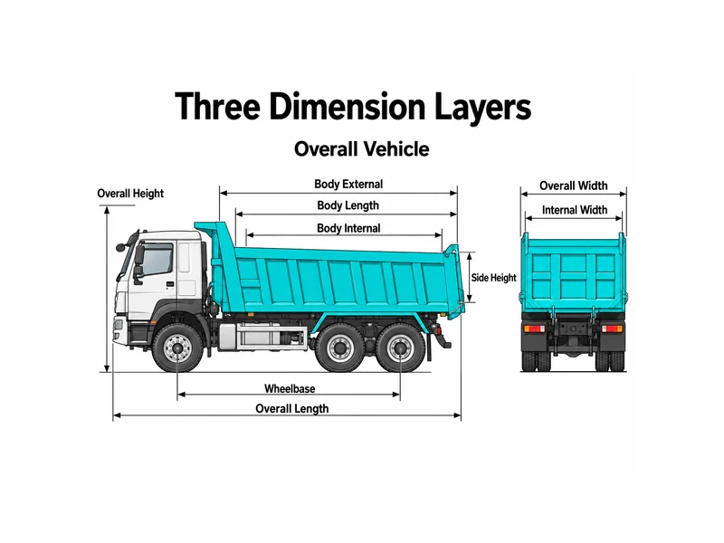 Diagrama dimensional do caminhão basculante HOWO comparando as dimensões totais e as dimensões externas e internas da caçamba