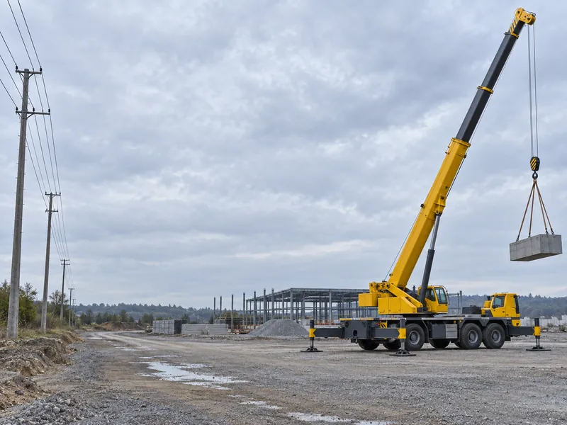 Elevação com o guindaste de caminhão HOWO em um canteiro de obras, com os estabilizadores acionados e distância segura das linhas de energia aéreas