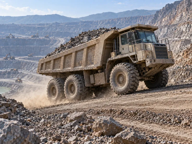 Caminhão basculante Shacman subindo uma rampa de mina regularizada com pneus off-road de banda de rodagem profunda
