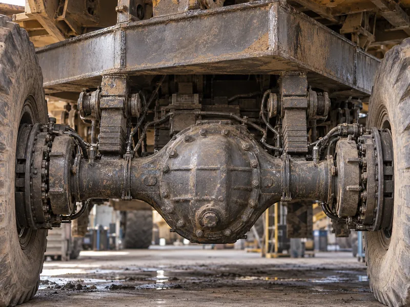 Detalhe do eixo de tração de serviço pesado e do chassi de longarina de dupla camada reforçado de um caminhão basculante de mineração Shacman