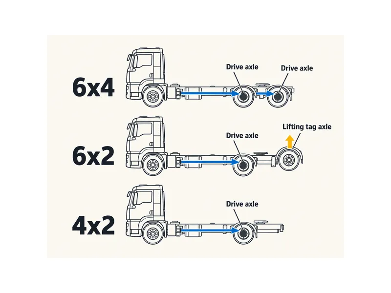 Comparação de configuração de tração do cavalo mecânico Sitrak C7H, mostrando um 6x4 com dois eixos traseiros motrizes, um 6x2 com eixo auxiliar elevatório e um 4x2 com eixo motriz simples